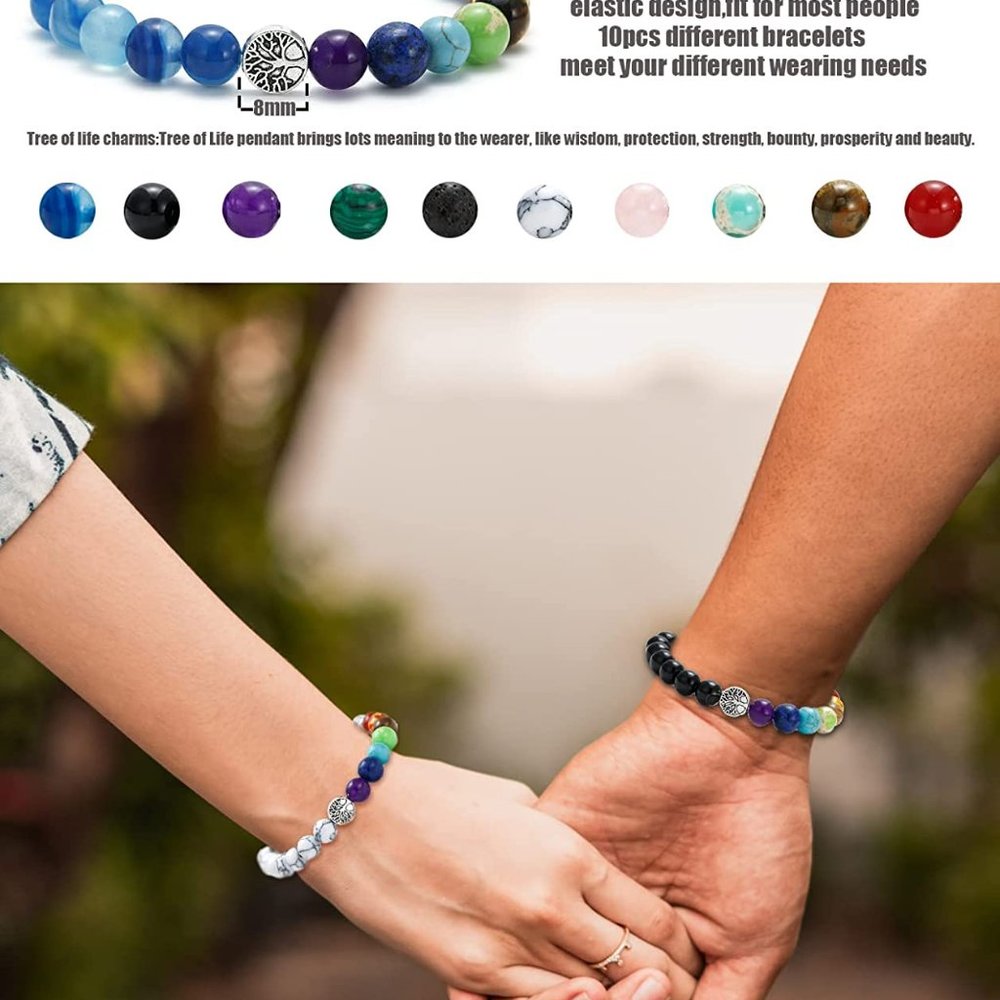 New 10Pcs Tree of Life Healing Crystals Bracelet - 7 Chakra Semi Precious Stones - Picture 3 of 7